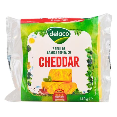 Delaco Branza Topita Cu Cheddar 7 Felii 140g Mega Image