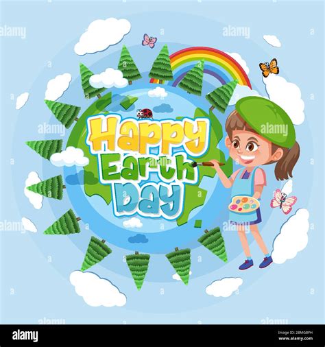 Poster Design For Happy Earth Day With Happy Girl Painting Illustration