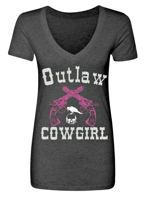 Cowgirl Attitude Outlaw Cowgirl With Sixshooter N Skull With Crow Short Sleeve V Neck Blue