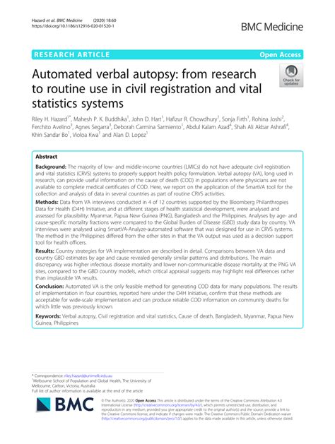 Pdf Automated Verbal Autopsy From Research To Routine Use In Civil