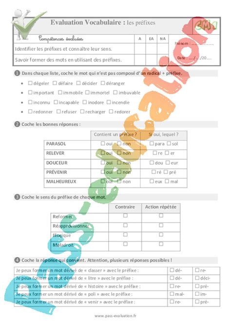 Evaluation Quiz QCM Radical préfixe suffixe CM1 pdf à imprimer