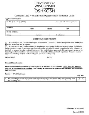 Fillable Online Uwosh Custodian Lead Application BQuestionnaireb