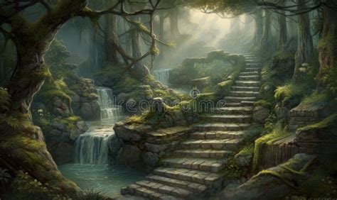 Surreal World Of A Mysterious Forest With Stone Paths Stock