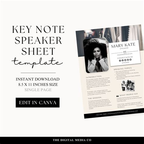 Speaker One Sheet Speaker Sheet Template Canva Keynote Speaker