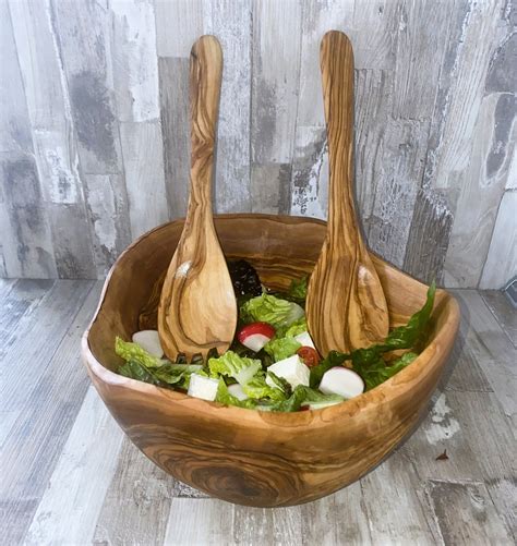 Olive Wood Salad Bowl Set Rustic Dinnerware Order Now Etsy