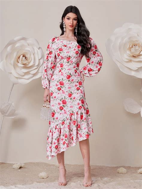 Shein Modely Floral Print Lantern Sleeve Ruffle Hem Dress Ruffle Hem