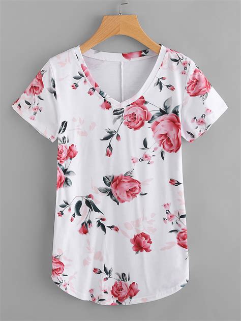 V Neckline Floral Print Tee Shein Sheinside