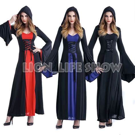 Women Medieval Halloween Costume Witch Vampire Hooded Dress Cosplay Death Devil Costume Witch