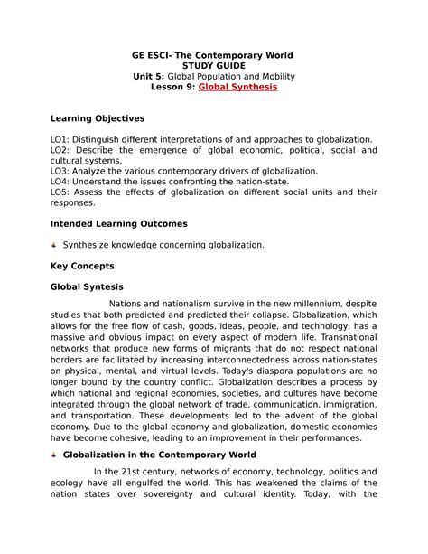 Lesson Global Synthesis Ge The Contemporary World Study Guide Unit