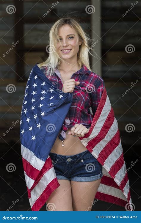 Blonde Patriotic Model Posing Outdoors Stock Photo Image Of Black Dress