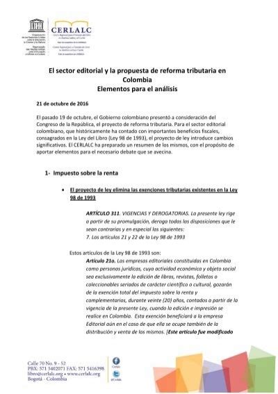 El Sector Editorial Y La Propuesta De Reforma Tributaria En Colombia 21 10 2016