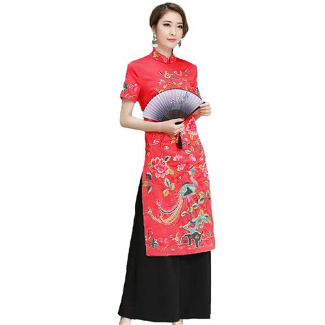 Fasbys Embroidered Chinese Style Improved Qipao Dress Wide Leg Pants