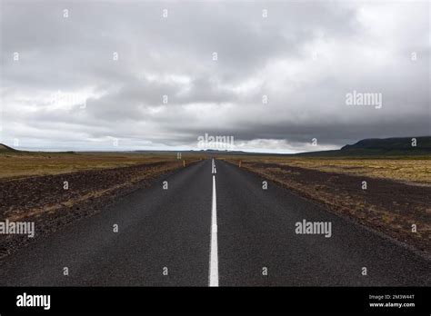 Iceland Asphalt Road Leading Straight To The Horizon Empty Straight