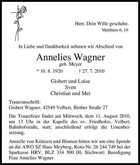 Traueranzeigen Von Annelies Wagner Trauer In Nrw De