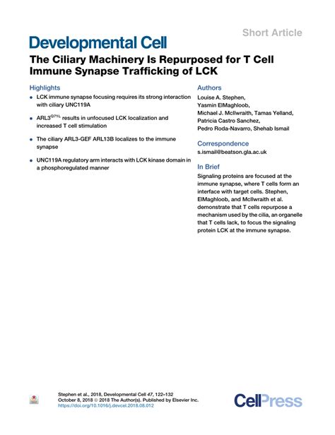 PDF The Ciliary Machinery Is Repurposed For T Cell Immune Synapse