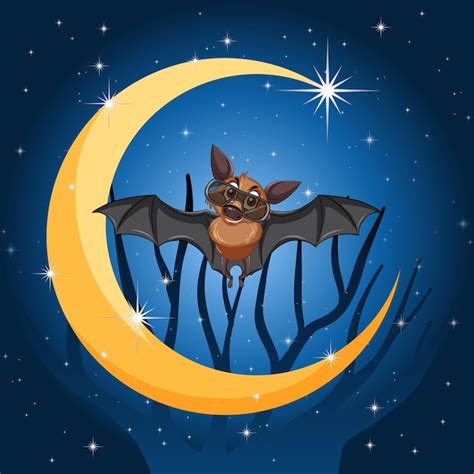 Chauve Souris De Dessin Anim Avec Fond De Croissant De Lune Vecteur