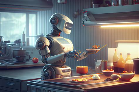 Robot Chef Cooking In Kitchen Of Future Home Genius Smart Robot