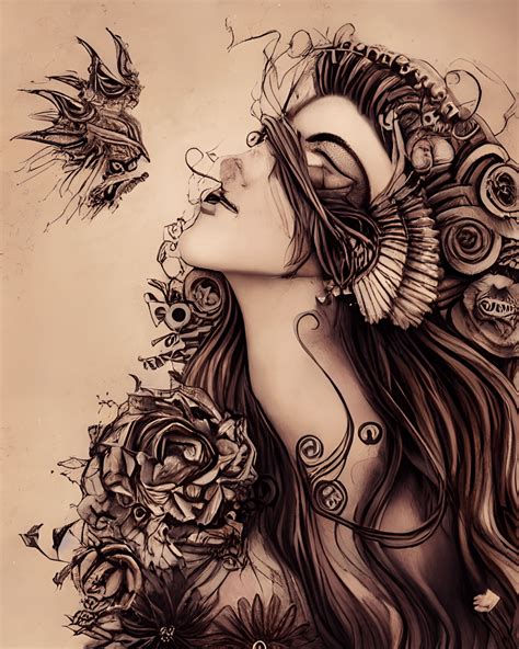 Tattooed Natural Boho Cat Beauty Biomechanical Art Fantasy Portrait