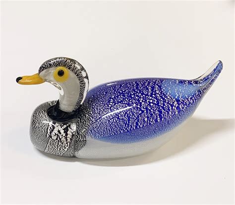 Mid Century Modern Murano Glass Italian Duck Sculpture With Silver Dots