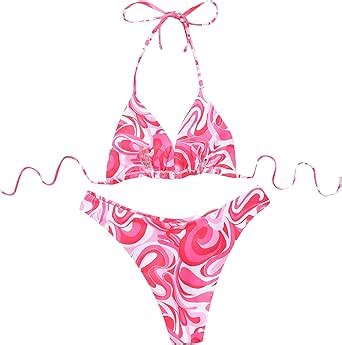 Amazon Women Floral Print Halter Triangle Tie Side Bikini Set Two Piece Swimsuits Cute Teen