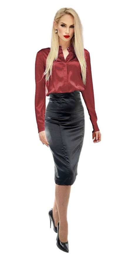 Red Satin Blouse Curvy Outfits Red Satin Blouse Satin Pencil Skirt