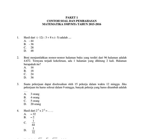 Contoh Kumpulan Soal Latihan Un Matematika Smp Dan Kunci Jawaban