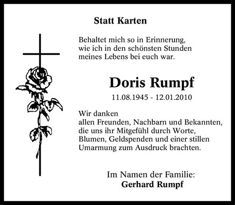 Traueranzeigen Von Doris Rumpf Trauer In Nrw De