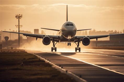 Un avión despegando de la pista al atardecer Foto Premium