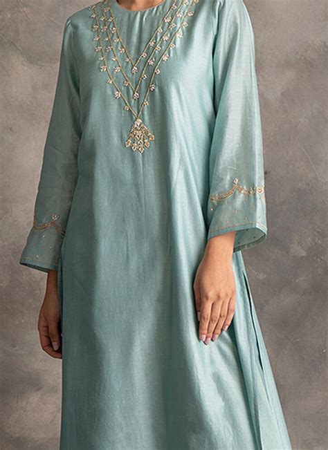 Shop Light Blue Chanderi Silk Embroidered Straight Pant Suit Party Wear