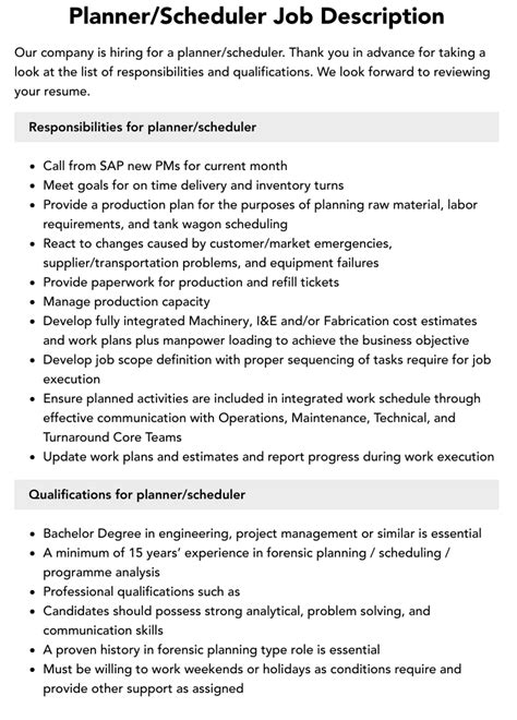 Planner Scheduler Job Description Velvet Jobs