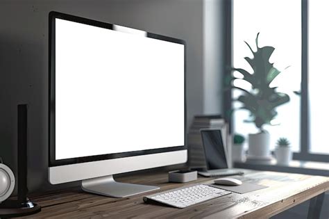 Computer Mockup On Wooden Desk Premium Ai Generated Image