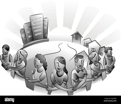 Black And White Illustration Featuring The Residents Of An Urban Area