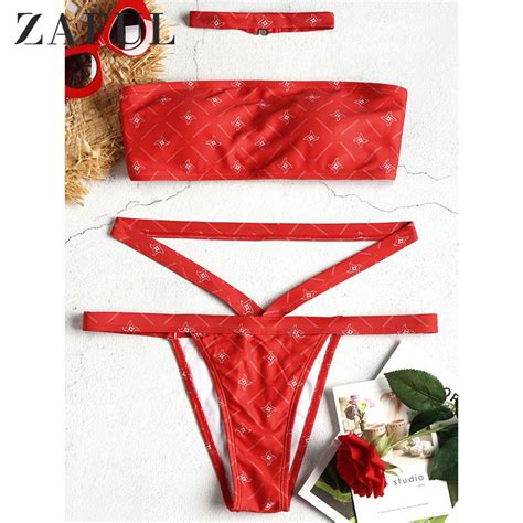 ZAFUL Impresso Lace Up Gargantilha Conjunto Bikini Mulheres Sexy Praia