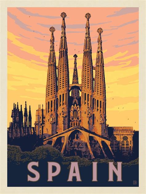 Spain Familia Sagrada Travel Posters Art Deco Retro Travel Poster