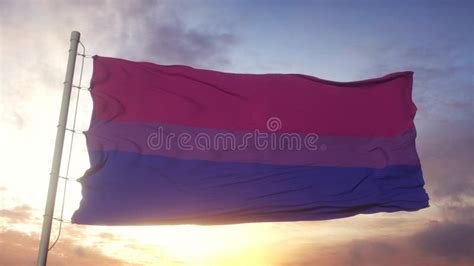 Bisexual Pride Flag Waving In The Wind Sky And Sun Background 3d