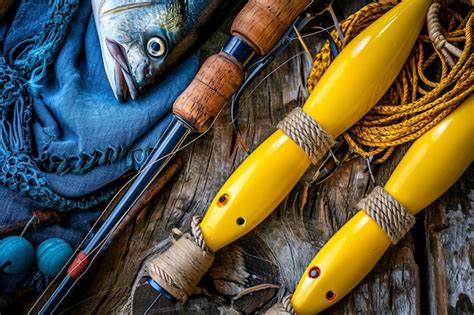 Premium Photo Fishing Rod With Yellow Fishing Bait On Wooden Plank