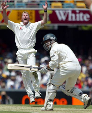 England S Matthew Hoggard L Reacts As Australia S Justin Langer Is