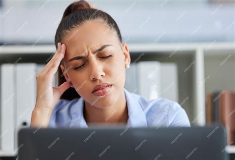 Premium Photo Headache Stress And Burnout Of Business Woman At Computer With Pain Stress And