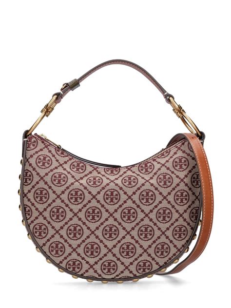 Tory Burch Mini T Monogram Jacquard Crescent Crossbody Bag In Claret Modesens