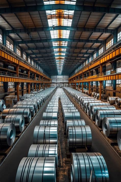 A Large Warehouse Aisle Showcases Rows Of Large Metal Coils Stored On