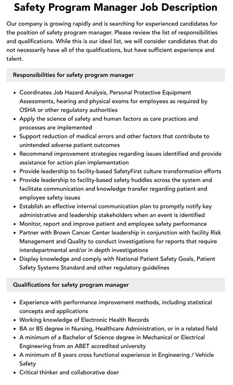 Safety Program Manager Job Description Velvet Jobs