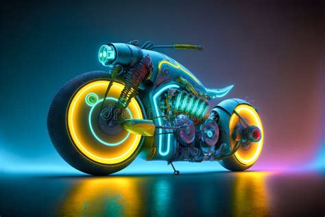 Futuristic Steampunk Motorcycleblue Yellow Neon Glow Stock