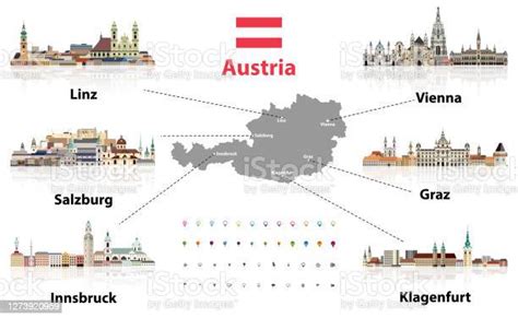 Ilustración De Mapa De Austria Con Los Principales Iconos De Colores De Estilo Plano De Los