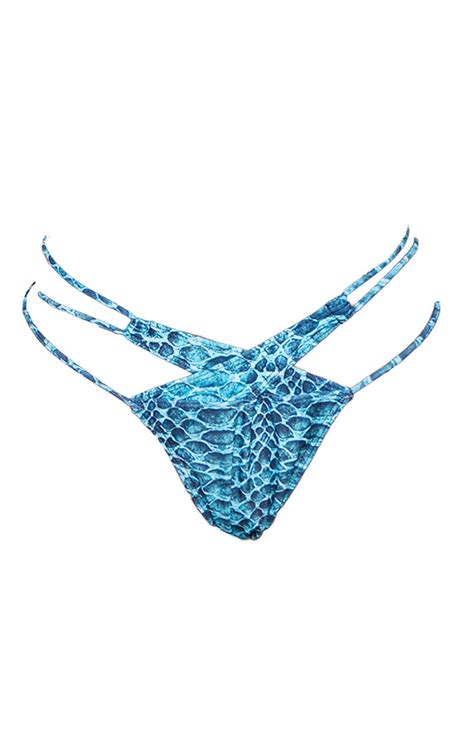 Blue Croc Print Multi Strap Bikini Bottoms Prettylittlething Qa