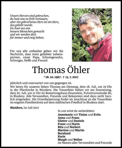 Todesanzeigen von Thomas Öhler Todesanzeigen Vorarlberger Nachrichten