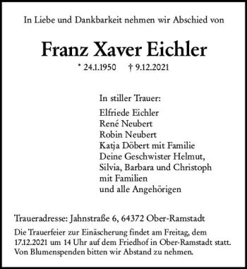 Traueranzeigen Von Franz Xaver Eichler Vrm Trauer De