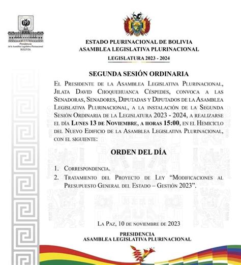 La segunda sesión ordinaria de la Asamblea Legislativa Plurinacional se