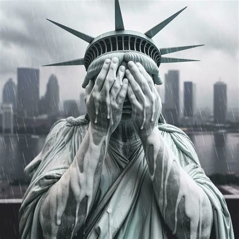 Statue of liberty crying with her hands covering her face, raining outside, city background ...