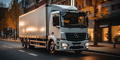 Premium Ai Image A Mercedes Truck Is Driving Down The Street