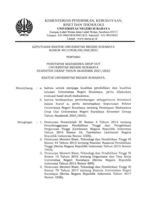 Sk Penetapan Mahasiswa Drop Out Semester Genap 20212022